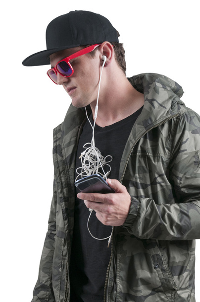 Man with tangled headphones - Zdjęcie, obraz
