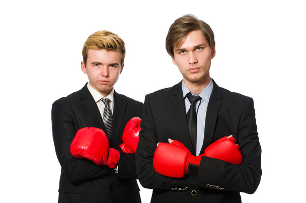 Pair of businessmen boxing on white - Photo, Image