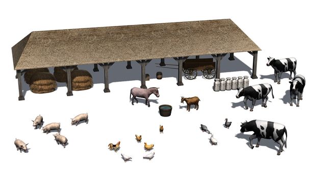 Beyaz bir arka plan üzerinde hayvanlarla küçük çiftlik - Fotoğraf, Görsel