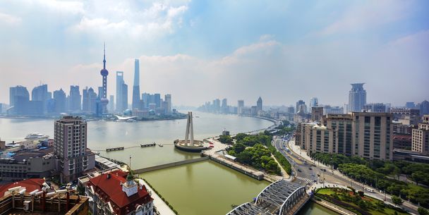 panoramic view of Shanghai at riverbank - Photo, Image