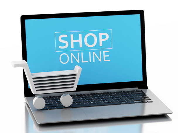 3d Shopping cart on Laptop. e-commerce  concept - Фото, изображение