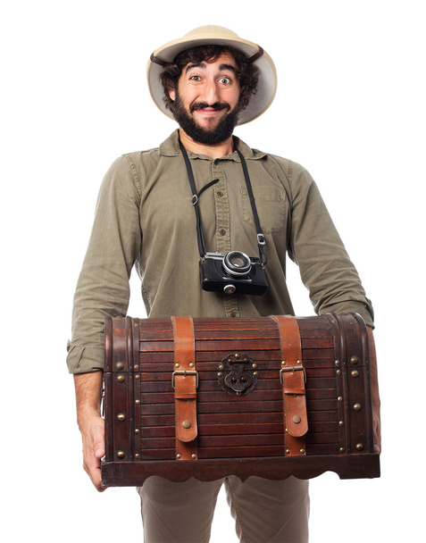 happy explorer man with chest - Foto, Imagen