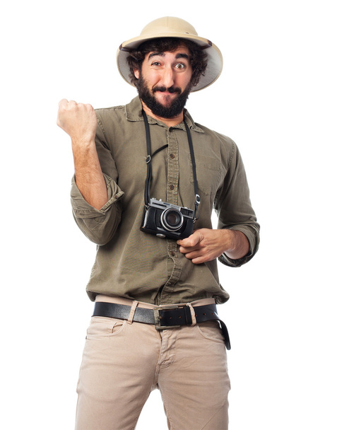 crazy explorer man celebrating sign - Фото, изображение