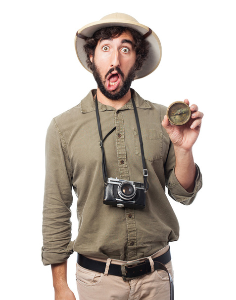 worried explorer man with compass - Foto, Imagen