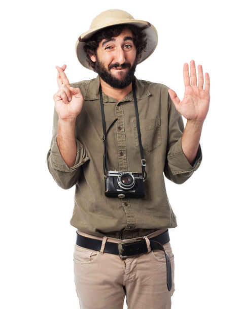 crazy explorer man swearing sign - Φωτογραφία, εικόνα