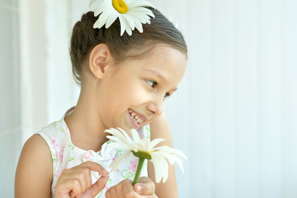 little girl with dasies flowers - Photo, Image