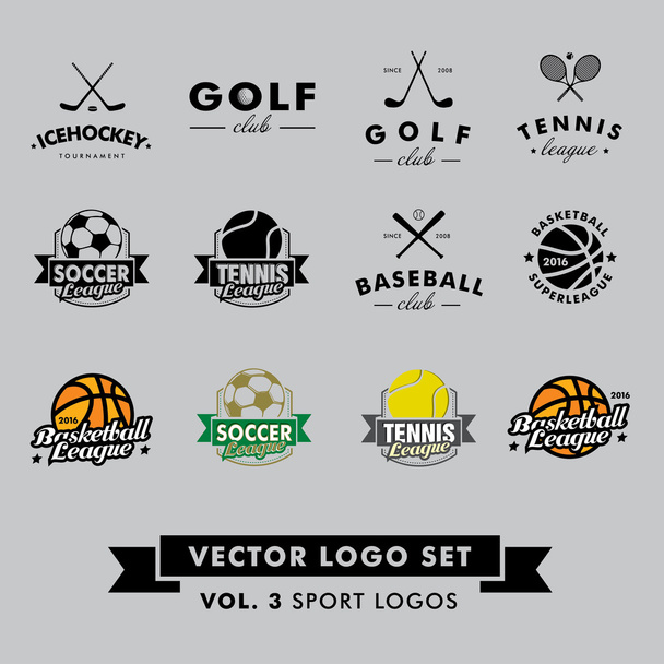 Retro Vintage Hipster Sport Vector Logo Set. Baseball, tennis, soccer, football, golf, icehockey, basketball. - Vector, Image