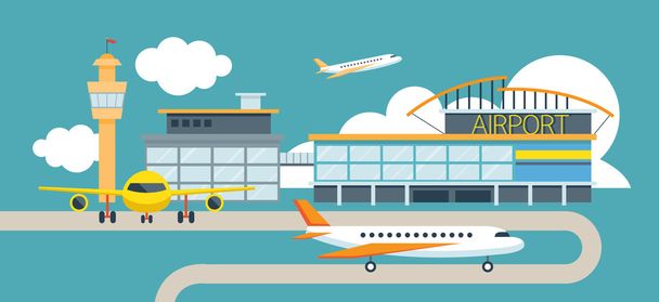 Αεροπλάνο και αεροδρόμιο επίπεδη σχεδίαση εικονογράφηση εικονίδια αντικειμένων - Διάνυσμα, εικόνα
