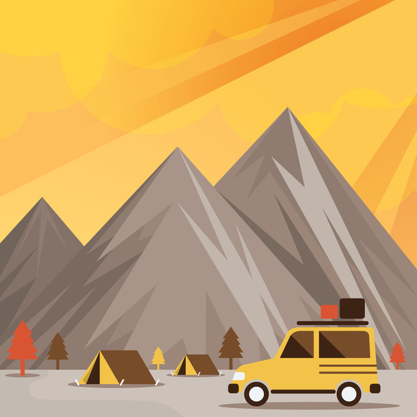 Four Wheel Drive Off Road Car and Camp with Mountain Background - Vector, Image