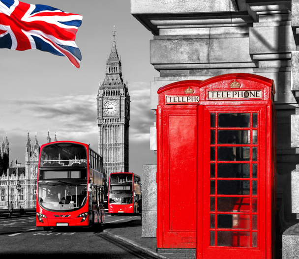 Symbole Londyn z Big Ben, Double Decker Bus i czerwone budki telefoniczne w Anglii, Uk - Zdjęcie, obraz