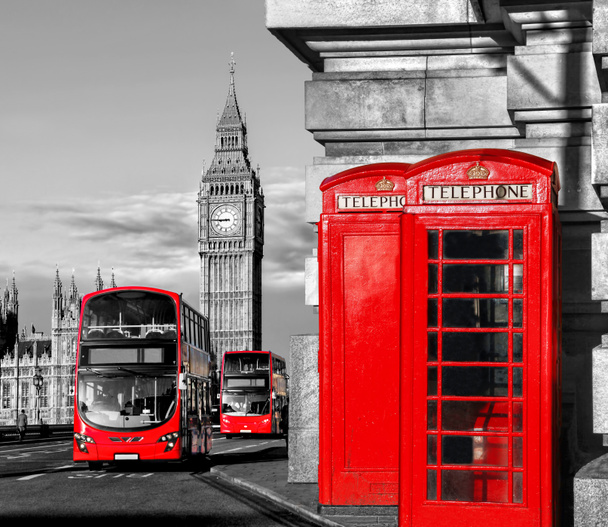 Símbolos de Londres con BIG BEN, DOBLE DECKER BUS y BOOTHS DE TELÉFONO rojo en Inglaterra, Reino Unido
 - Foto, Imagen