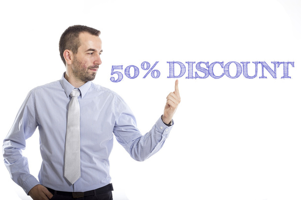 50 pour cent de réduction - Jeune homme d'affaires avec le texte bleu
 - Photo, image