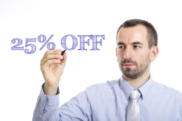25 procent korting - jonge zakenman met blauwe tekst - Foto, afbeelding