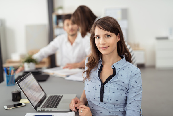 Pretty Young Office Woman at the Table with Laptop - Photo, Image