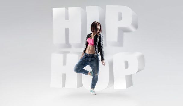 young woman  dancer with the words hip hop - Zdjęcie, obraz
