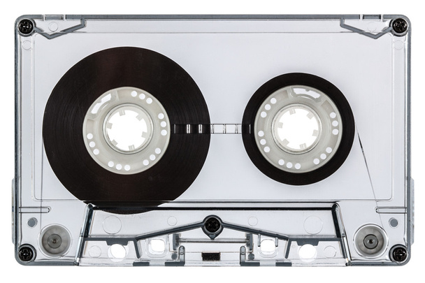 白い背景がある上に分離、ビンテージ オーディオ ・ カセット テープのクローズ アップ - 写真・画像