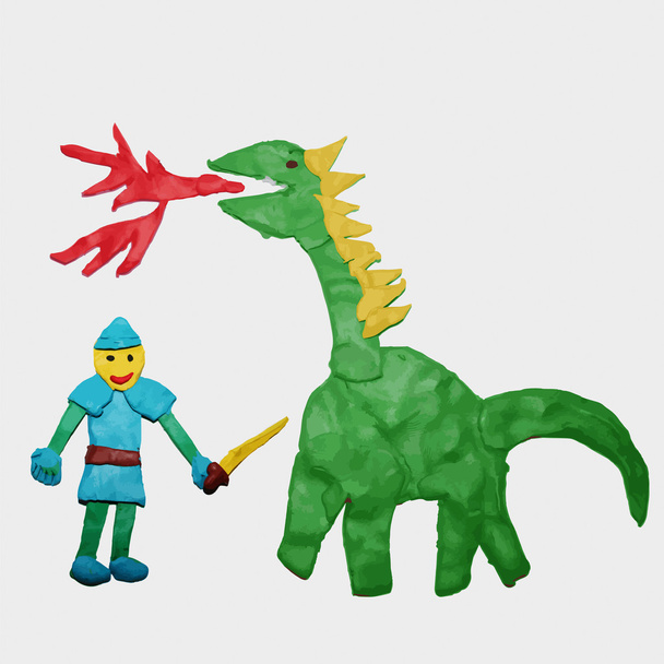 Пластиліновий вогнедишний дракон і лицар на білому фоні
 - Вектор, зображення