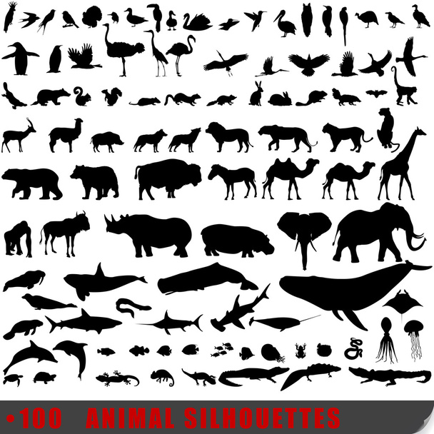 100 の非常に詳細な動物のシルエットのセット - ベクター画像