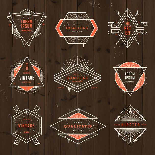 Vector illustration - set of grunge hipster signs and emblems on a vintage wooden background - Διάνυσμα, εικόνα