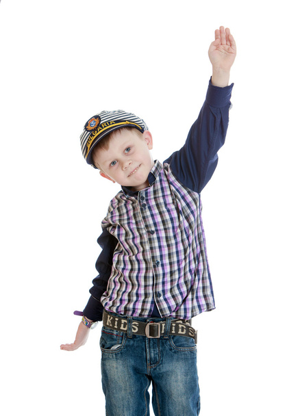 The little boy in sea clothes waving his hands - Fotoğraf, Görsel