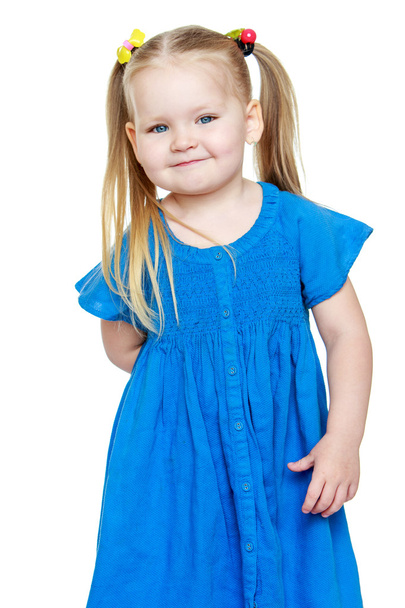 Adorable little round-faced girl with long blonde tails - Фото, изображение