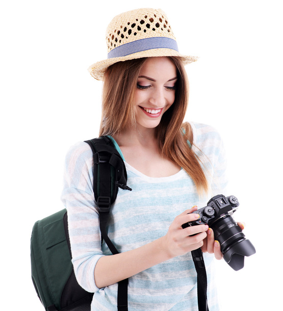 Traveler with camera isolated on white - Foto, Bild