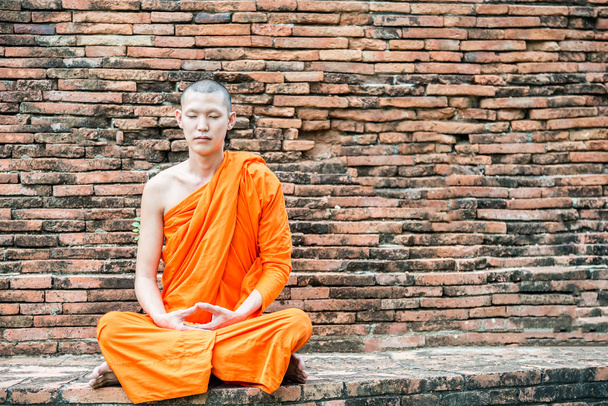 Thai monk meditation at temple in Ayutthaya, Thailand - Photo, Image
