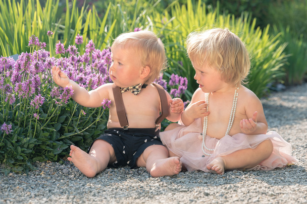 Dziewczynka i chłopiec siedzi w pięknym ogrodzie i wskazując na fioletowy kwiat - Zdjęcie, obraz