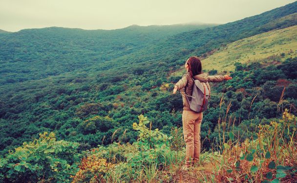 ταξιδιώτης γυναίκα να στέκεται στα βουνά - Φωτογραφία, εικόνα
