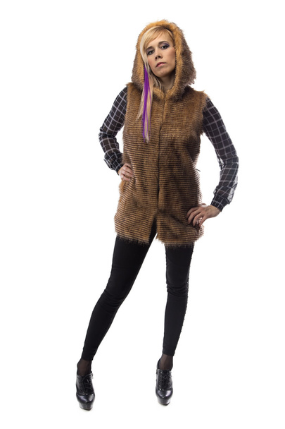 Photo of blonde in brown fur jacket, chin up - Photo, Image