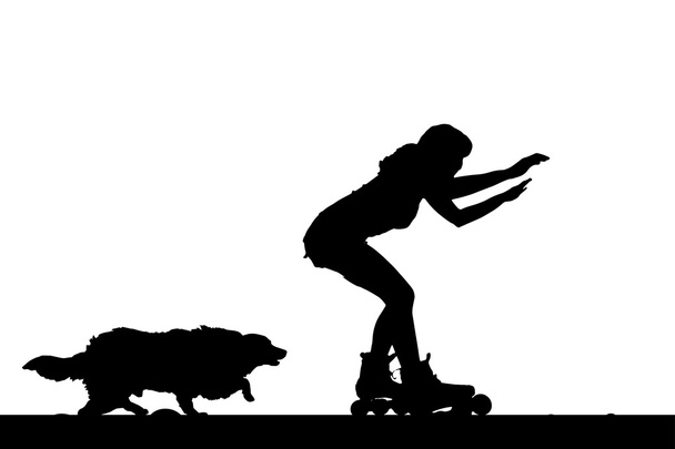 Vrouw op rollerblades met zijn hond. - Vector, afbeelding