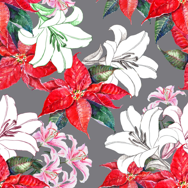 Flowers lilies and poinsettia, watercolor, pattern seamless - Fotografie, Obrázek