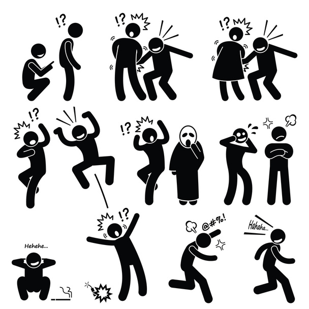 Lustige Menschen Streich verspielte Aktionen Strichmännchen Piktogramm-Symbole - Vektor, Bild