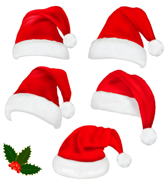 Collection of red santa hats with and Christmas holly. Vector. - Vector, Image