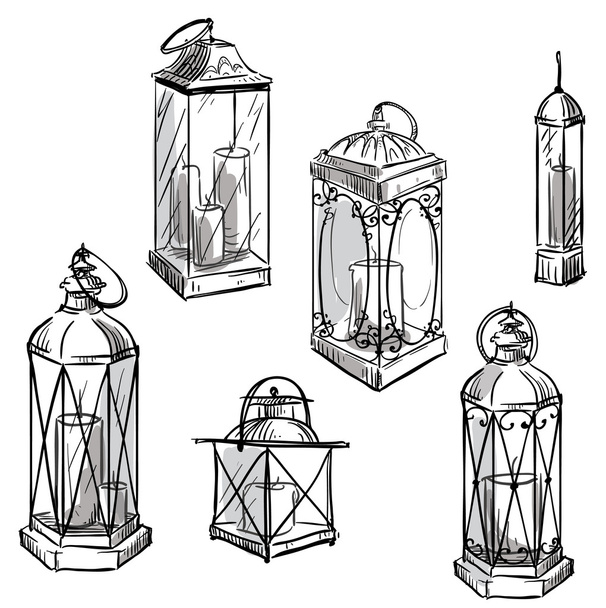 set of hand drawn lanterns. Vector sketch. - Vector, Image