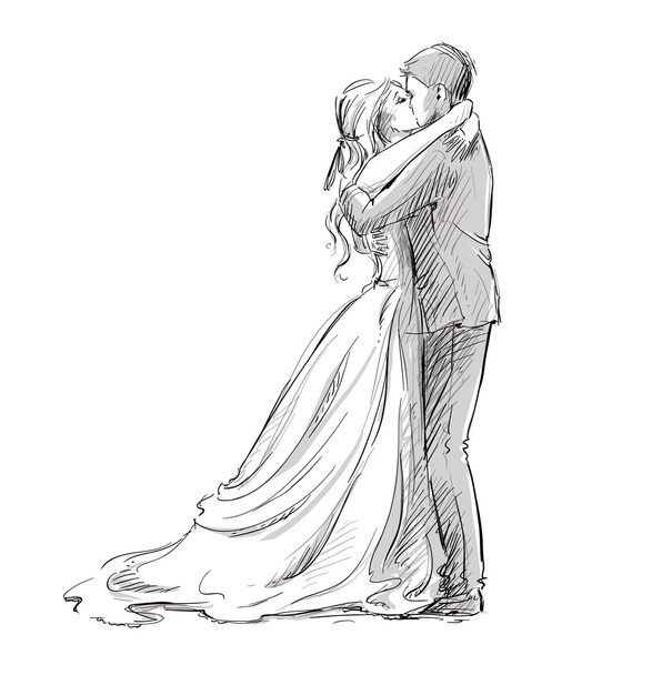 Brautpaar küsst sich. frisch verheiratet. Vektorskizze. - Vektor, Bild