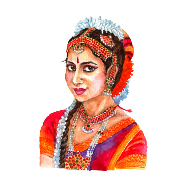 Indian woman portrait watercolor illustration - Vector, Image