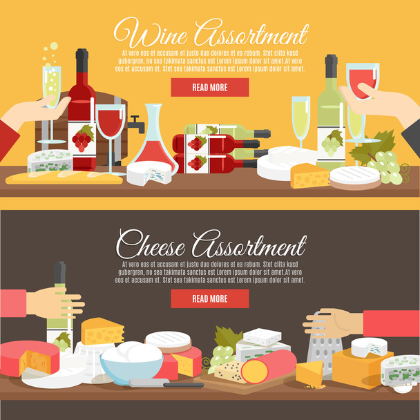 Flachbanner mit Käse und Wein - Vektor, Bild