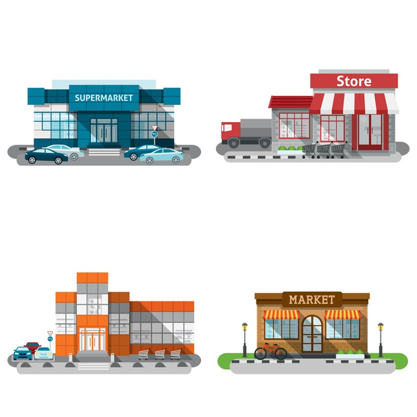 Winkelgebouwen Icons Set - Vector, afbeelding