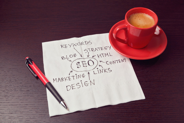 SEO diagram on napkin with coffee cup - Photo, Image