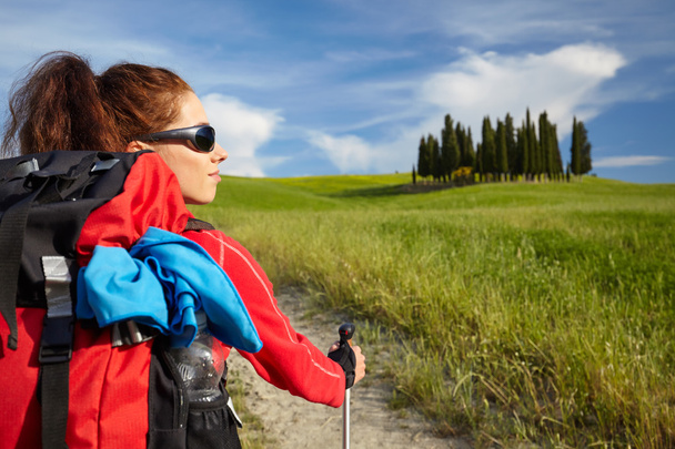hiking woman during hike trek on Toscan - Foto, Imagem