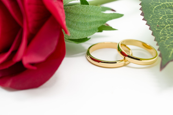 結婚指輪と白の背景に人工ローズ - 写真・画像