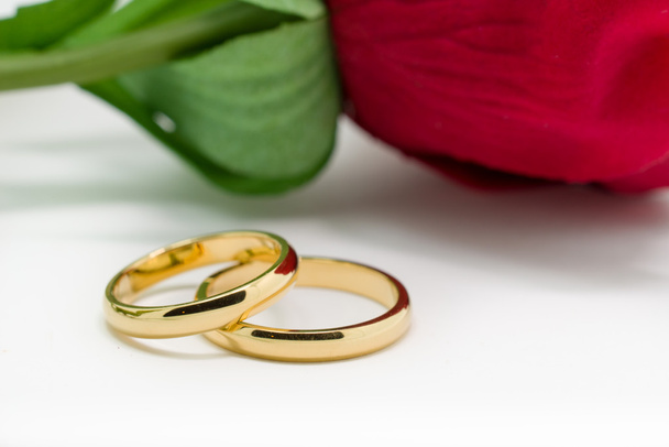 結婚指輪と白の背景に人工ローズ - 写真・画像