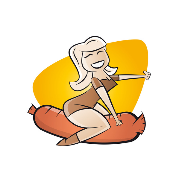 fille de dessin animé rétro chevauchant sur une saucisse
 - Vecteur, image