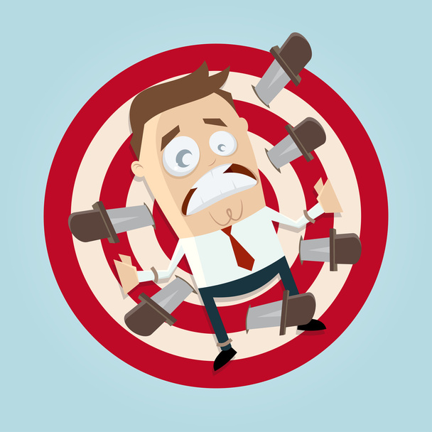 funny businessman is knife throwing target - Vector, Image