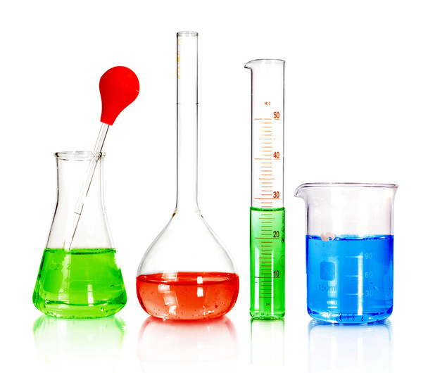 Beakers and laboratory glassware isolated over white background - Foto, imagen