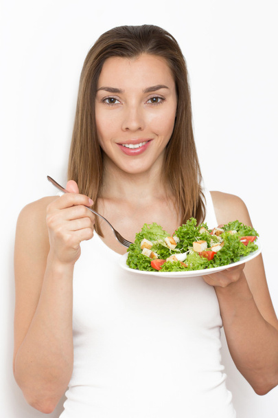 Kobieta, zdrowe jedzenie, Sałatka Cezar - Zdjęcie, obraz