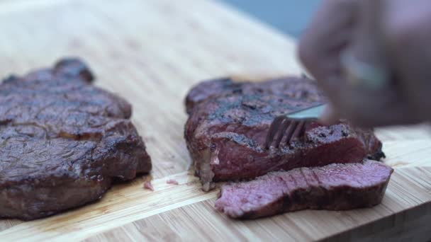person slices fresh steak - Footage, Video