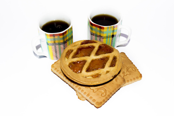 two small colorful striped cup of coffee and cookies and Viennes - Photo, Image