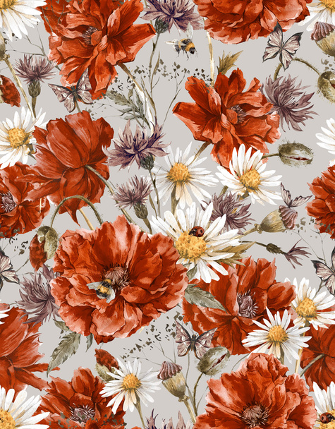 Summer Watercolor Vintage Floral Seamless Pattern with Blooming Red Poppies - Фото, зображення